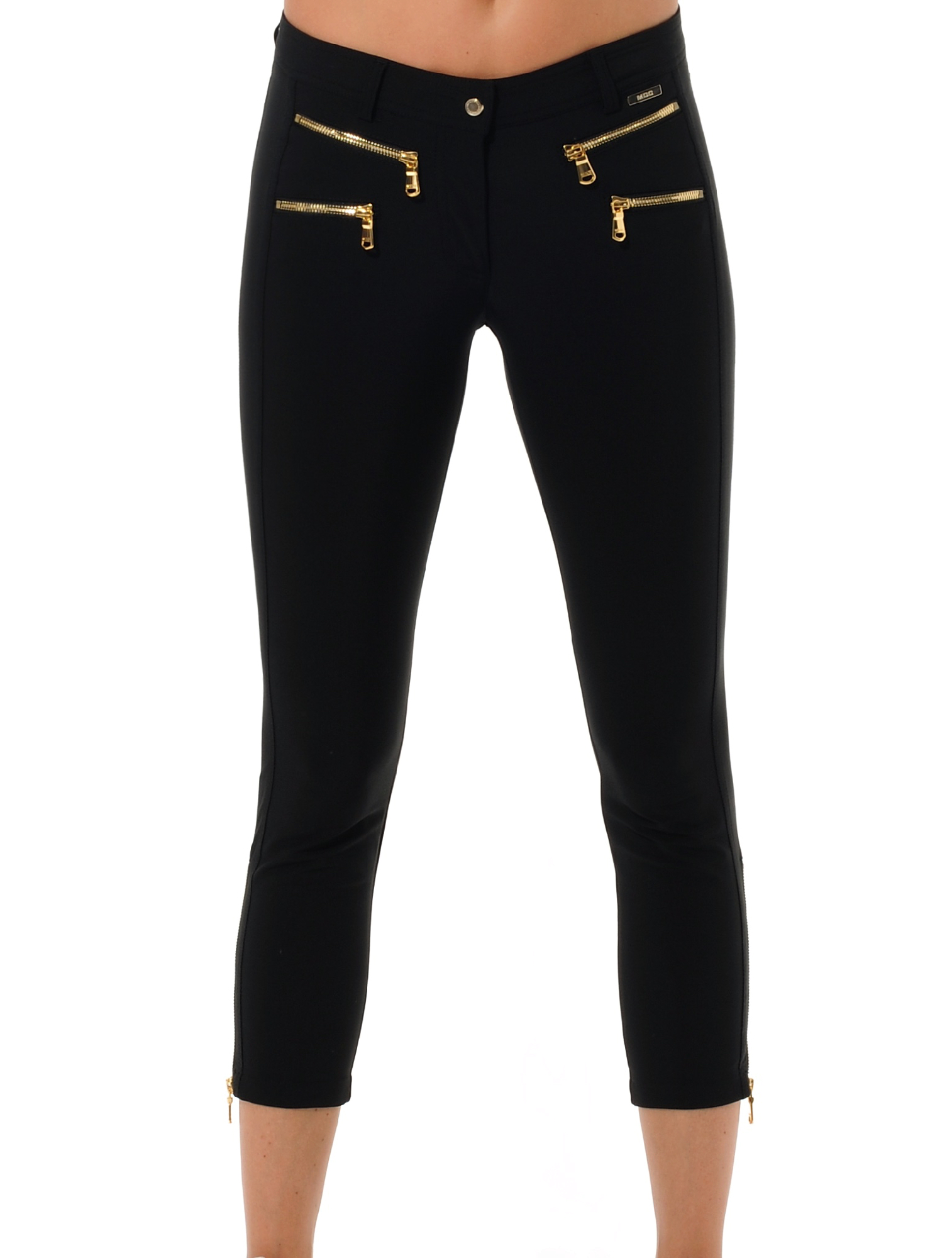 4way stretch shiny gold double zip cropped pants black 