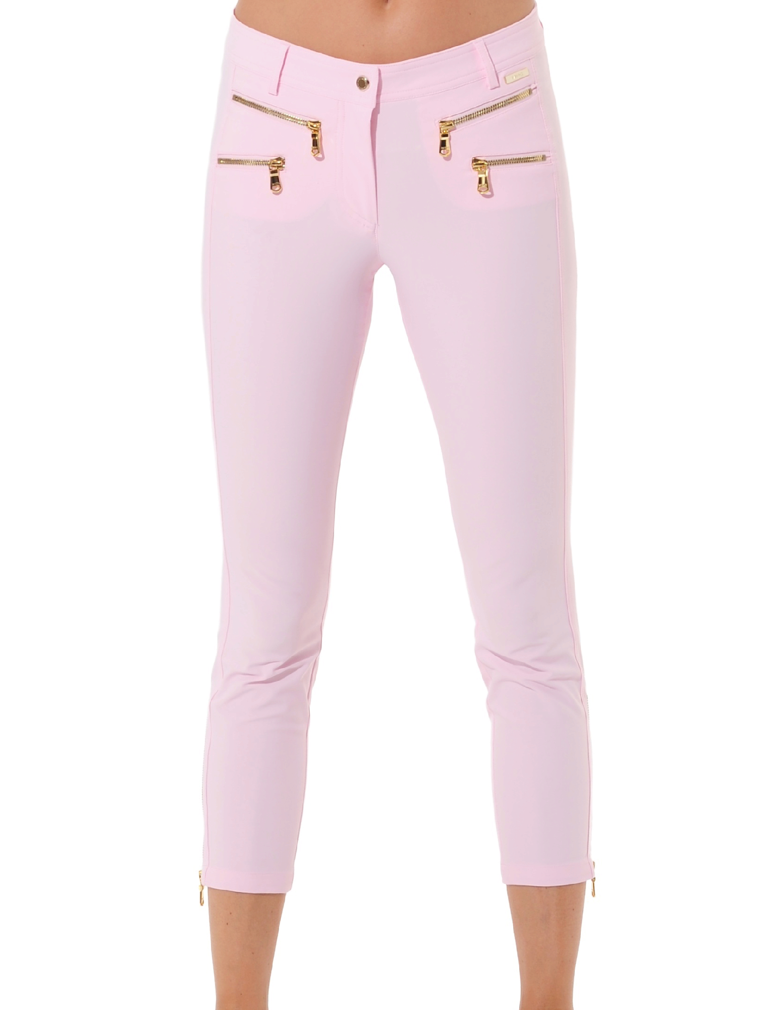 4way stretch shiny gold double zip cropped pants macaron 