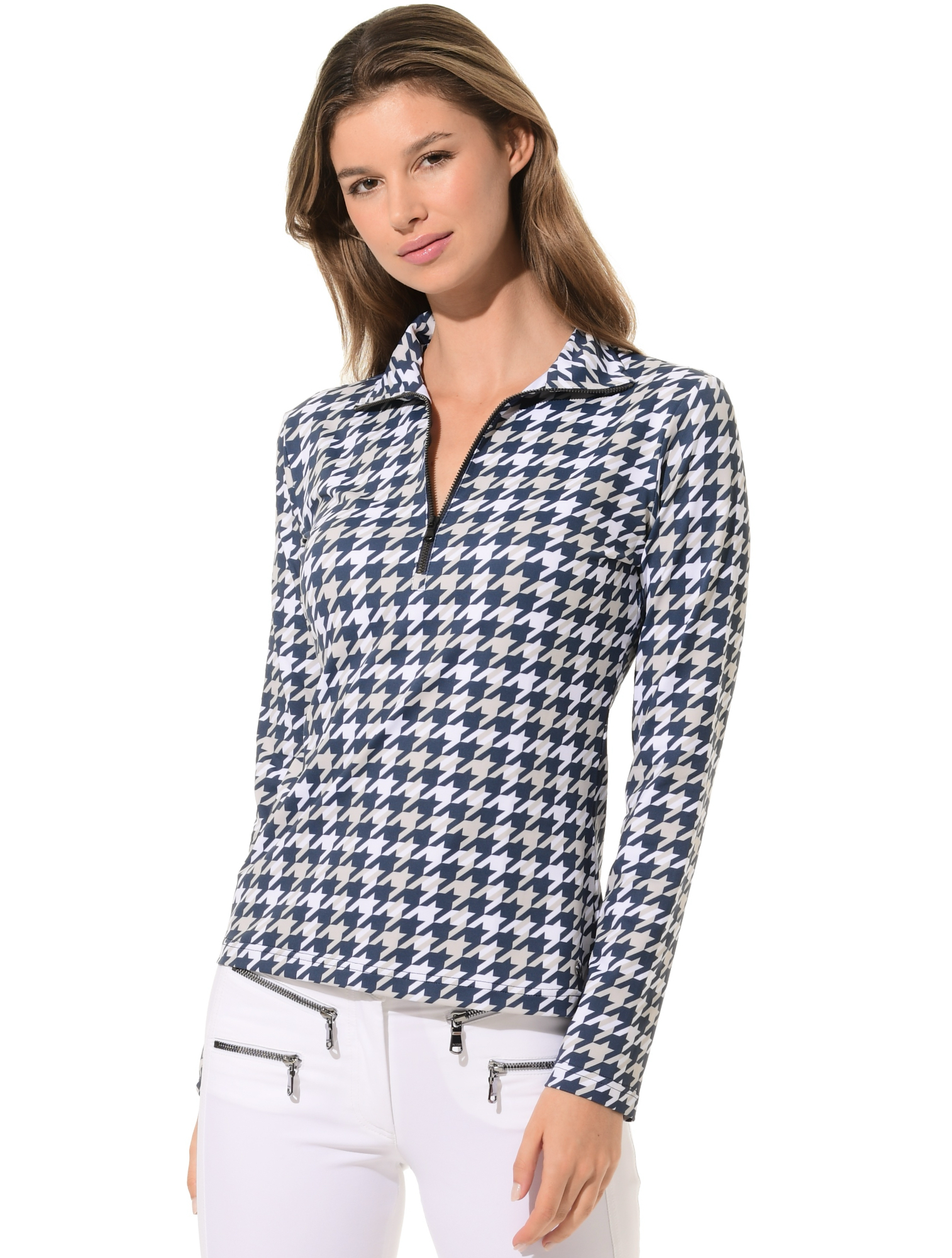 Pied-de-Poule Print Zip Longsleeve navy