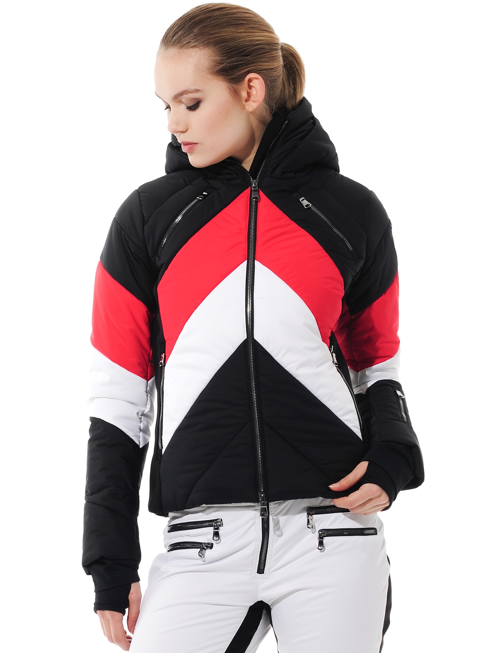 stretch ski jacket with 4way stretch side panels black/red 